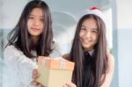 Two Asia Thai High School Student Best Friends Beautiful Girl Happy New Year And Give A Gift Friends Stock Photo