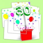 Number Thirty Surprise Box Displays Sparks And Balloons Explosio Stock Photo