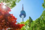 Seoul Tower And Red Autumn Maple Leaves At Namsan Mountain In South Korea Stock Photo