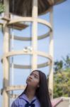 Portrait Of Thai Student Teen Beautiful Girl Happy And Relax Stock Photo