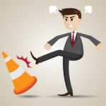 Cartoon Angry Businessman Kicking Cone Stock Photo