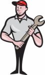 Mechanic Worker Standing Carrying Spanner Cartoon Stock Photo