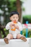 The Cute Boy In The Garden Stock Photo