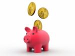 Golden Dollar Coins Falling Into A Pink Piggy Bank Stock Photo