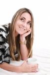 Smiling Woman Drinking Coffee Stock Photo