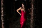 Beautiful Young Woman In The Gardens Wearing A Long Silk Red Dress Stock Photo