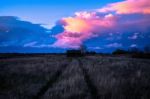 Beautiful Sunset Over Old Log Cabin Stock Photo