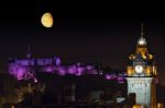 Edinburgh Night Cityscape With The Moon Stock Photo