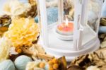 Dried Flowers With Lamp And Candle Stock Photo