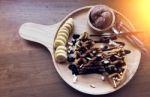 Belgian Waffles With Fruit And Chocolate, Forest Fruit, All Home Stock Photo