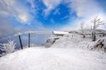 Ski Chair Lift Is Covered By Snow In Winter,deogyusan Mountains In South Korea Stock Photo