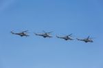 Mi-24 Attack Helicopters Fly On Military Parade Devoted To 70th Stock Photo