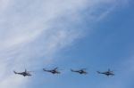 Mi-24 Attack Helicopters Fly On Military Parade Devoted To 70th Stock Photo