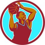 Basketball Player Rebounding Ball Circle Retro Stock Photo