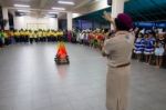 Student 9-10 Years Old, Scout Activities, Dance Performances Around The Fire., Scout Camp Bangkok Thailand Stock Photo