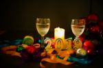 Glasses Of Champagne And New Year Decorations Stock Photo