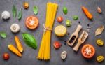 Italian Food And Menu Concept. Spaghetti With Ingredients Sweet Stock Photo