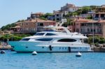 Impressive Motorcruiser Moored In Porto Cervo Harbour Stock Photo