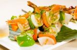 Shrimps And Vegetables Skewers Stock Photo