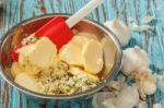 Cooking Herb Butter Rosemary Thyme On Rustic Wooden Background Closeup Stock Photo