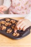 Woman Baking Chocolate Chip Muffin Closeup Stock Photo