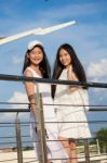 Two Asia Thai High School Student Best Friends Beautiful Girl Smile And Funny Stock Photo