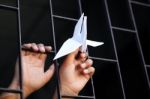 Hand In Jail Showing Origami Bird Stock Photo