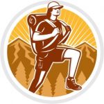 Female Hiker Hiking Mountain Circle Retro Stock Photo