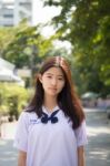 Portrait Of Thai Student Teen Beautiful Girl Happy And Relax Stock Photo