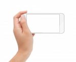 Female Hand Holding Phone White Screen With Clipping Path Inside Stock Photo