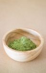 Premium Green Tea Powder In Wooden Bowl Stock Photo