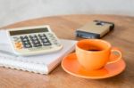 Hot Coffee Cup On Wooden Table Stock Photo