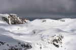 View From Sass Pordoi In The Upper Part Of Val Di Fassa Stock Photo