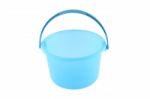 Blue Plastic Bucket Handle Up On White Background Stock Photo