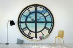 White Room Interior In Minimalist Decoration With Round Metal Clockwork Window Stock Photo