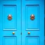 Blue Handle In London Antique Brown Door  Rusty  Brass Nail And Stock Photo