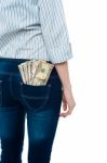 Girl Carrying Dollars In Back Pocket Stock Photo