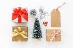 Gift Boxes With Christmas Tree On White Stock Photo