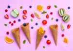 Cones And Colorful Various Fruits Raspberry ,blueberry ,strawber Stock Photo