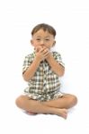 Young Asian Boy Closing Mouth Stock Photo