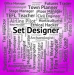 Set Designer Shows Designs Words And Employee Stock Photo