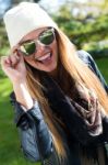 Fashion Portrait Of Beautiful Girl In The City Stock Photo