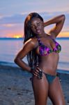 Beautiful Black African American Woman Posing On The Beach At Su Stock Photo