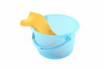 Blue Plastic Bucket And Left Yellow Cloth Clean On White Background Stock Photo