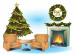 Cartoon  Illustration Interior Christmas Room With Separated Layers Stock Photo