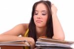 Tired Lady Sitting With Files Stock Photo