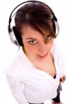 High Angle View Of Happy Fashionable Woman Listening Music Stock Photo