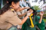 Student 9-10 Years Old, Welcome To Boy Scout Camp In Bangkok Thailand Stock Photo