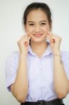 Portrait Of Thai High School Student Uniform Teen Beautiful Girl Happy And Relax, Stock Photo