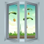 Open Window With Dollar Parachute Stock Photo